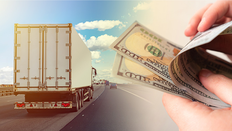 Toll road. The cost of road transport of goods. Services of transport companies. Logistics. Fast delivery of goods by road. Payment for cargo transportation.