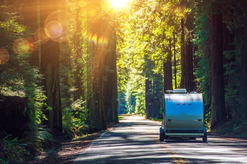 Travel Trailer RV on the Redwood Highway.